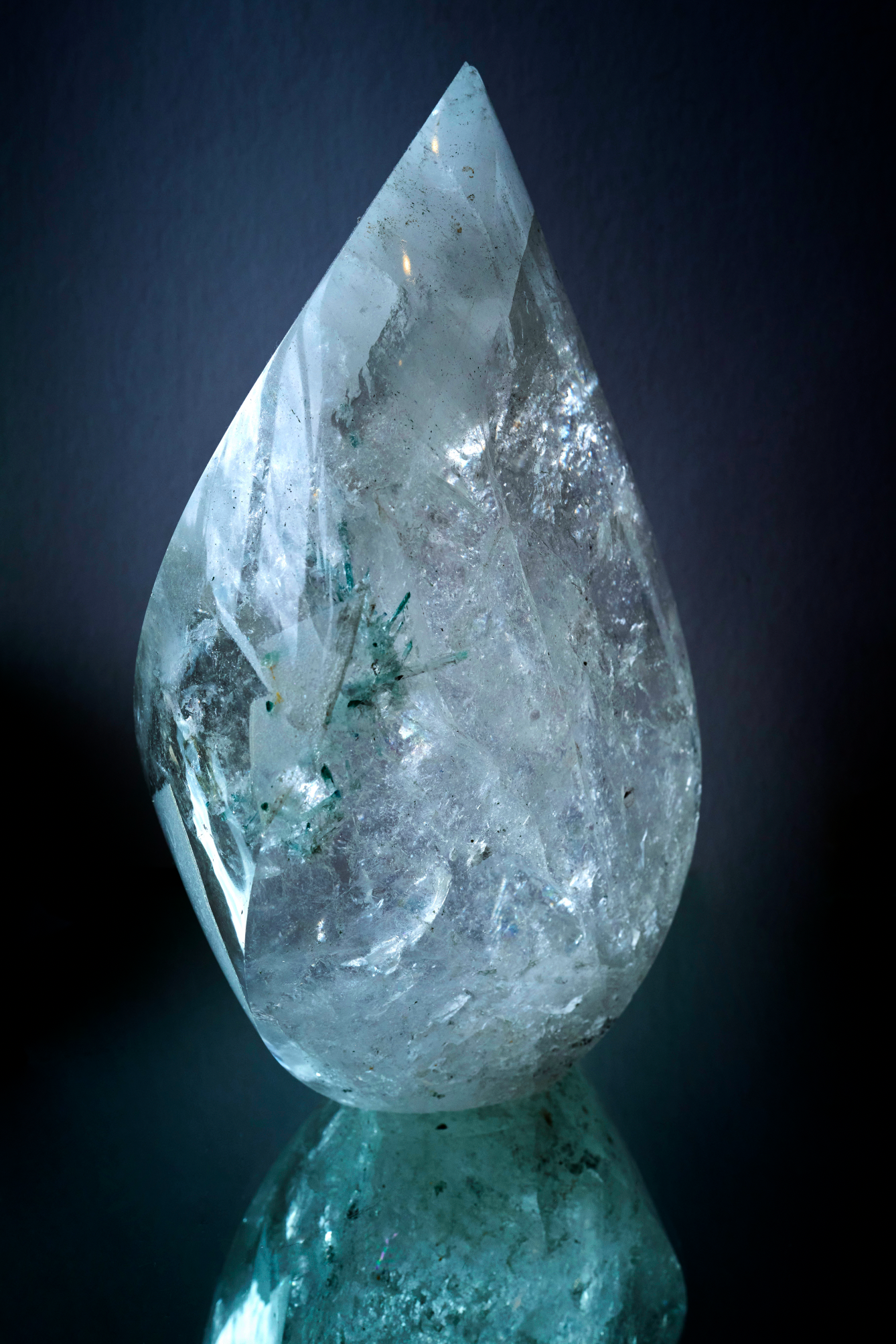 Clear Quartz Flame with Blue Tourmaline Inclusions