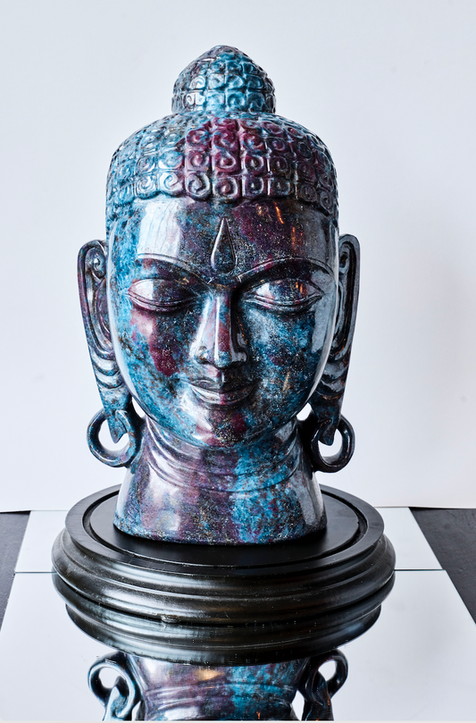 BLUE KYANITE & RUBY BUDDAH HEAD