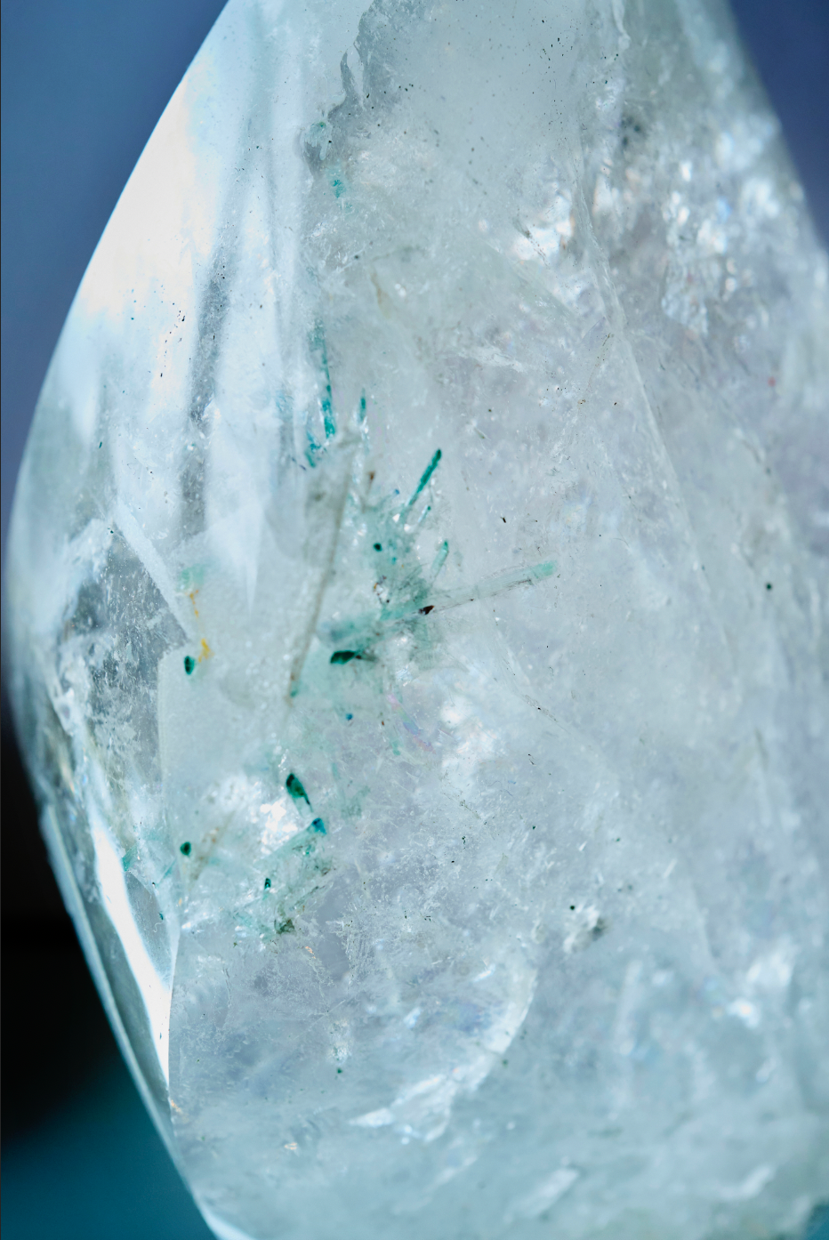 Clear Quartz Flame with Blue Tourmaline Inclusions