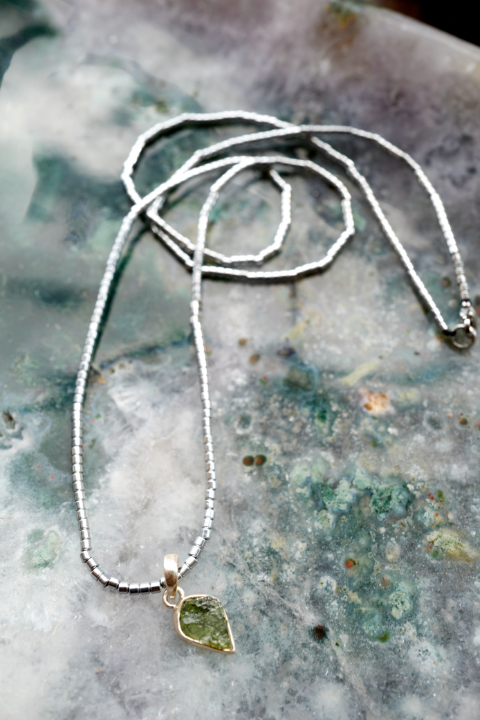 Moldavite Pendant in sterling silver with Hematite Necklace