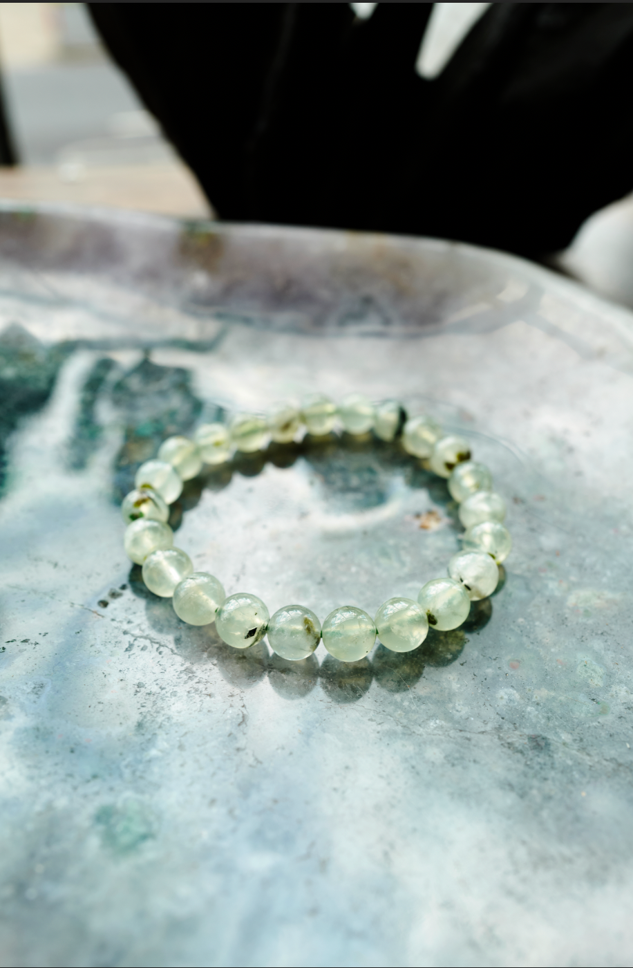 Prehenite Faceted Beaded Bracelet with Pyrite Disks
