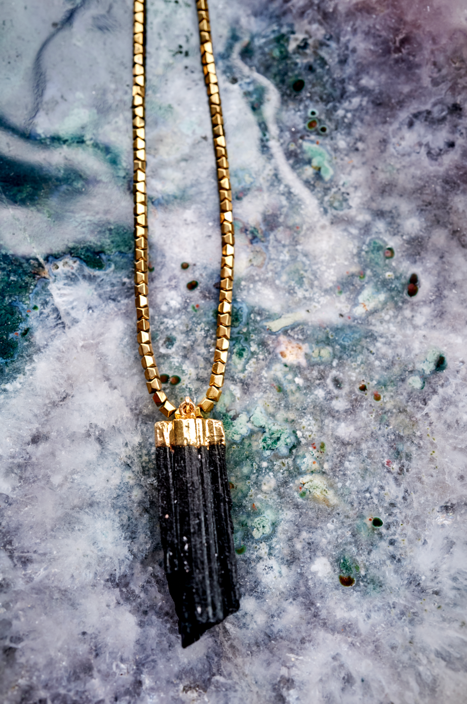 Black Tourmaline Pendant with Hematite Necklace